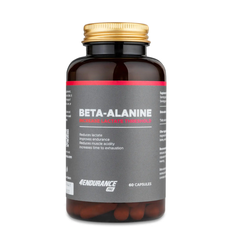 4Endurance Pro Beta-alanine - 60 capsules pack, white bottle with black cap and red-highlighted label on white background.