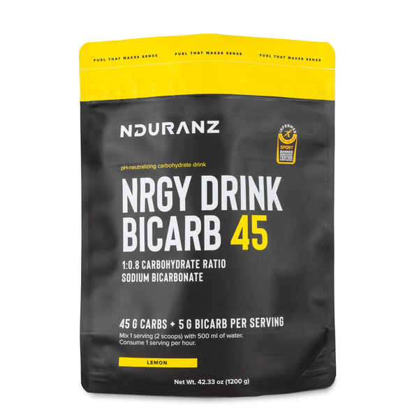Nduranz Nrgy Drink Bicarb 45 - 1200 g lemon flavor, black and yellow pouch with brand logo and nutritional text on white background.