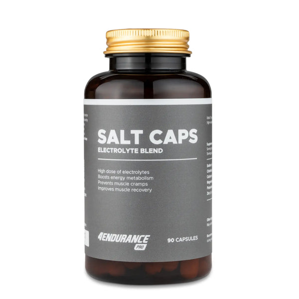4Endurance Pro Salt Caps - 90 capsules pack, brown bottle with golden cap and gray label showing electrolyte blend benefits.