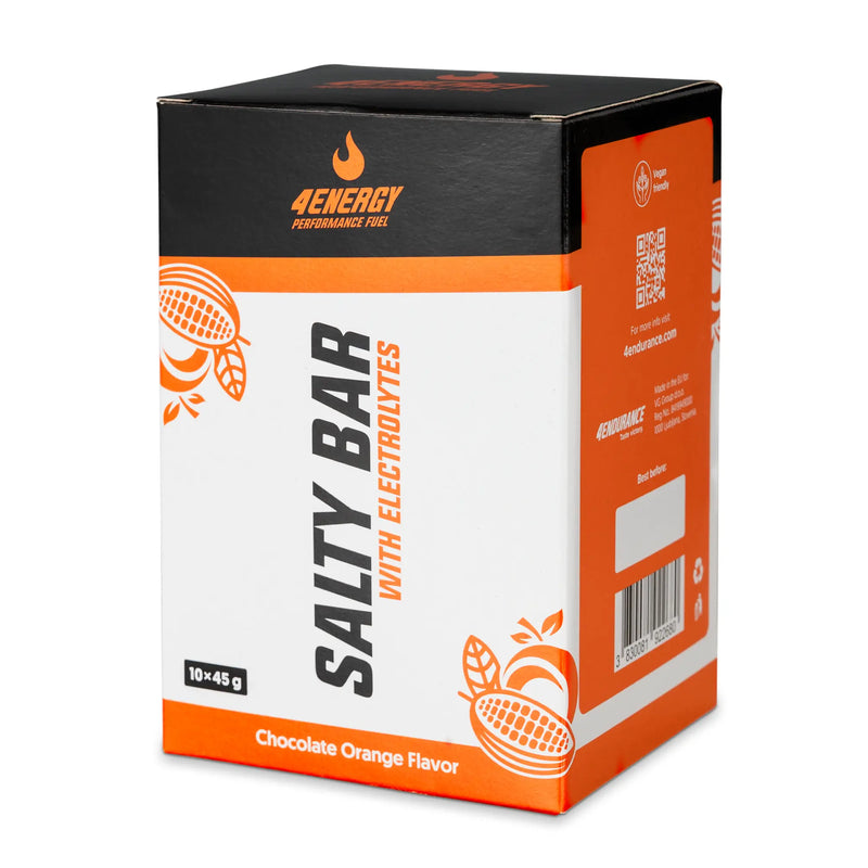 4Energy Salty Bar Box - 10 x 45g chocolate raspberry flavor, purple and black packaging with electrolyte branding on white background.
