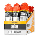 SIS Science in Sport GO Isotonic Energy Gel Box - 30 x 60ml orange flavor, box with multiple orange packets on white background.