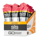 SIS Science in Sport GO Isotonic Energy Gel Box - 30 x 60ml pink grapefruit flavor, box and sachets in red, silver, yellow on white background.