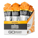 SIS Science in Sport GO Isotonic Energy Gel Box - 30 x 60ml tropical flavor, orange-topped packets with branding on white background.