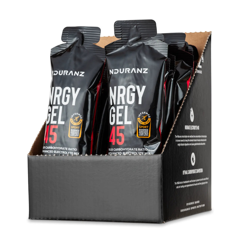 Nduranz Nrgy Gel 45 Box - 16 x 75 g strawberry flavor, black and orange packaging in a cardboard display box on white background.