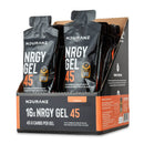 Nduranz Nrgy Gel 45 Box - 16 x 75 g orange flavor, black and orange packaging in a cardboard display box with white background.