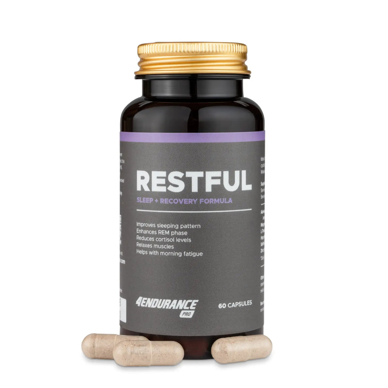4Endurance Pro Restful - 60 capsules sleep formula, dark brown bottle with gold cap and purple-gray label on white background.