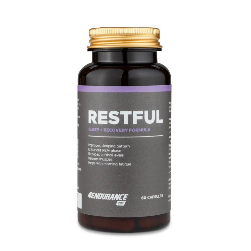 4Endurance Pro Restful - 60 capsules sleep formula, dark brown bottle with gold cap and purple-gray label on white background.