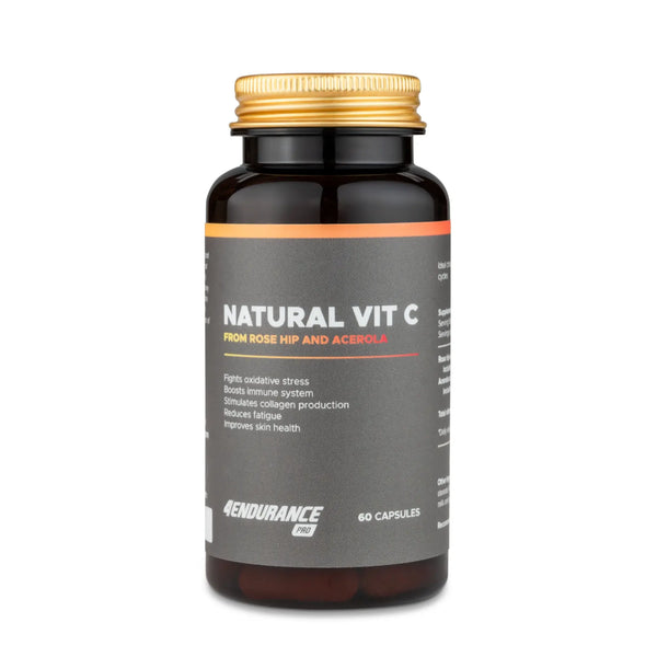 4Endurance Pro Natural Vitamin C - 60 capsules pack, bottle with gold cap, health benefits label, black and gold design.